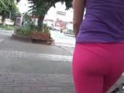 Nasty brunette girl gets horny on her pink trousers by