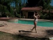 Busty brunette babe gets horny rubbing her huge tits by