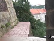 Tiny panties off for a long piss in public