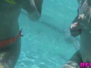 Sexy chicks share a cock on a pool party sucking and fu