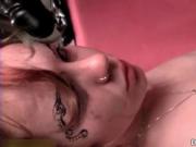Nasty brunette slut gets horny sucking on a strap-on by