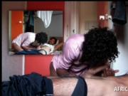 Afro sex goddess blowing white hard dick in a hotel roo