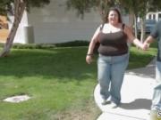 Horny fat girl running naked in public while giving int