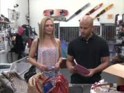 Blondie amateur woman tries to sell six purses and ends