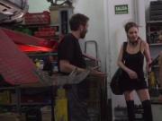 Big tits slave made to suck in garage
