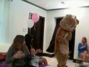 Horny dude in bear costume is on the floor while that s