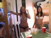 Sexy college dolls drinking and playing party sex games