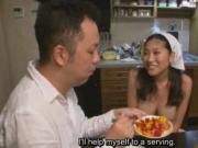 Subtitled nudist Japanese maid dinner time blowjobs