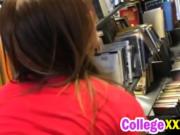 Perfectly tight college pussy gets porked in public lib