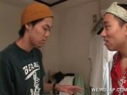 Aroused asian dudes spying on a sexy housekeeper