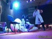 Two hot brunette whores rubbing their horny bodies on a