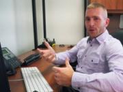 Handsome gay stud enjoys giving head in office