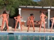 Group work out by the pool with lesbian naked teens