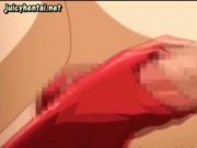 Anime in red latex teasing a cock
