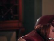 Hot brunette lesbian gets her wet pussy licked by a red