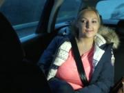 Amateur wanks with huge tits in taxi