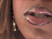 Teasing chocolate tgirl jerks off cock