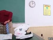 Sexy brunette babe gets her tits sucked by her teacher