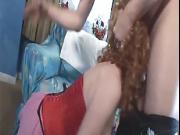 Redhead Audrey has sex in red seamed stockings