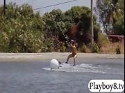 Massive boobs playmates try out wakeboarding at the lake