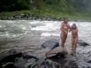 Two Mature Indian Women Bathing in River