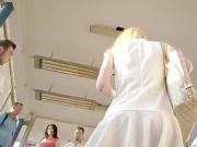 Cute blonde in white dress upskirt