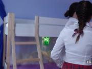 Schoolgirl in uniform banged by lesbian maid