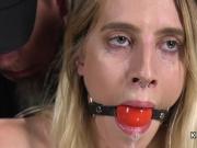 Hogties gagged blonde pussy vibed