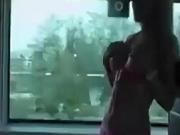 Threesome facial on a train