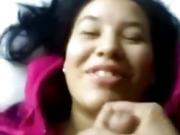 Chubby sweet Asian babe getting a massive facial in closeup