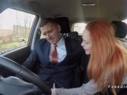 Pale redhead driving student bangs in car