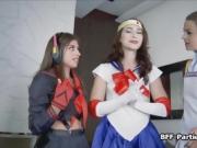 Voyeur blown by three cosplay babes