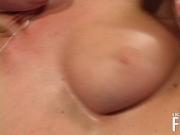 Brunette with big boobs gets pussy banged by muscular guy