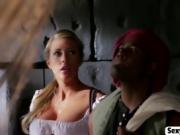 Blonde busty witch seduces black guy to bang