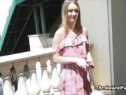 Perky teen flashes then blows