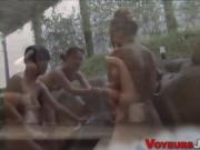 Japanese babes showering get spied on in public bath house