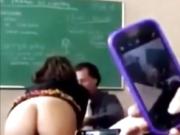 Mulatto student lowers her thong to talk to her teacher