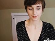 Skinny brunette teen with hairy bush pussy spanks ass