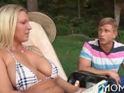 Hot mum is riding on dudes cock wildly as young babe watches