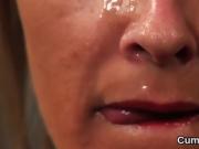 Foxy honey gets cumshot on her face gulping all the jizz