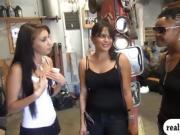 Two hot women flash boobs and ass for cash in the garage