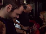 Redhead double penetration in public bar