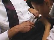 Secretary Brandi is doing a blowjob on her knees