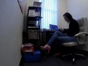 Brunette Secretary Works Hard in Blouse and Denim