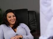 Stockinged office babe instructs submissive colleague to wank