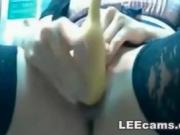 Blonde teen mastubation with a banna at job