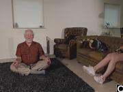 Teen Interrupts Grandpa from Yoga And Sucks his Cock