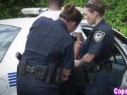 Two police officer cougars fucking horny black dude outdoors