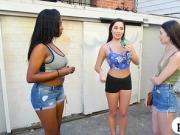 Two pretty girls flashing boobs in public for some cash