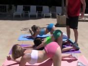 Teen friends fuck their yoga trainer